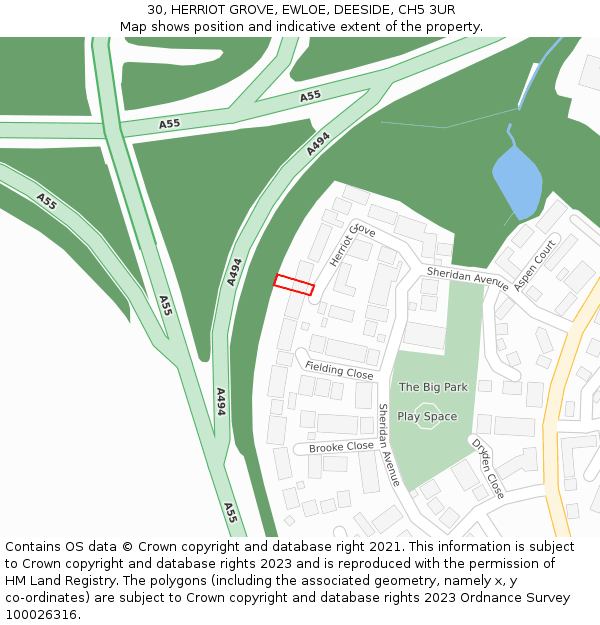 30, HERRIOT GROVE, EWLOE, DEESIDE, CH5 3UR: Location map and indicative extent of plot