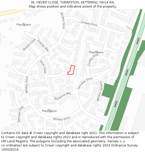 30, HEVER CLOSE, THRAPSTON, KETTERING, NN14 4XL: Location map and indicative extent of plot
