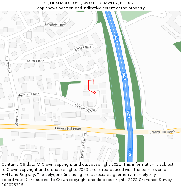 30, HEXHAM CLOSE, WORTH, CRAWLEY, RH10 7TZ: Location map and indicative extent of plot