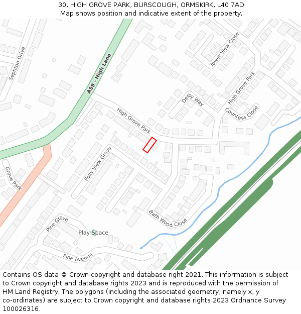 30, HIGH GROVE PARK, BURSCOUGH, ORMSKIRK, L40 7AD: Location map and indicative extent of plot