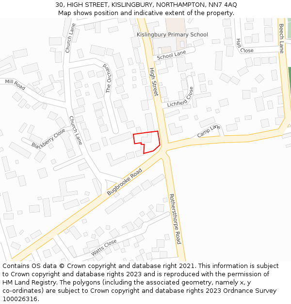 30, HIGH STREET, KISLINGBURY, NORTHAMPTON, NN7 4AQ: Location map and indicative extent of plot