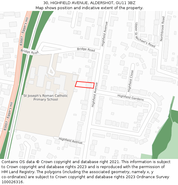 30, HIGHFIELD AVENUE, ALDERSHOT, GU11 3BZ: Location map and indicative extent of plot