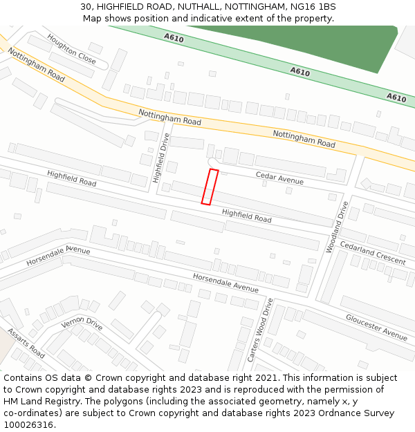 30, HIGHFIELD ROAD, NUTHALL, NOTTINGHAM, NG16 1BS: Location map and indicative extent of plot