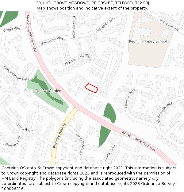 30, HIGHGROVE MEADOWS, PRIORSLEE, TELFORD, TF2 9RJ: Location map and indicative extent of plot