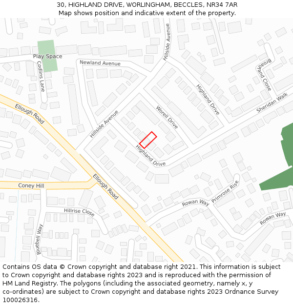 30, HIGHLAND DRIVE, WORLINGHAM, BECCLES, NR34 7AR: Location map and indicative extent of plot