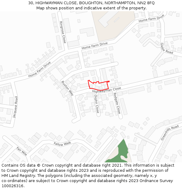 30, HIGHWAYMAN CLOSE, BOUGHTON, NORTHAMPTON, NN2 8FQ: Location map and indicative extent of plot