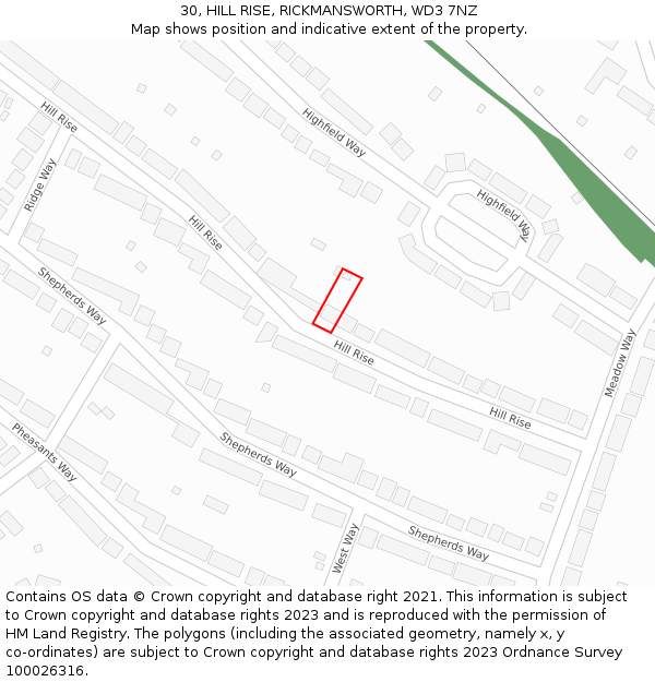 30, HILL RISE, RICKMANSWORTH, WD3 7NZ: Location map and indicative extent of plot