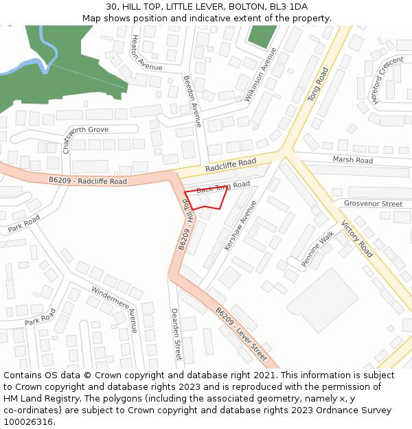 30, HILL TOP, LITTLE LEVER, BOLTON, BL3 1DA: Location map and indicative extent of plot