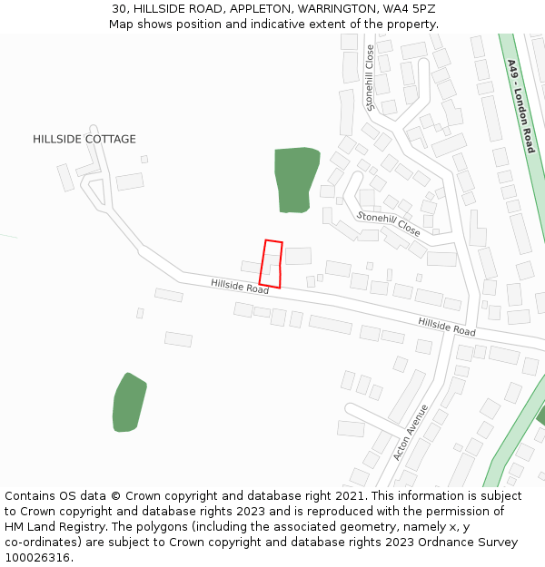 30, HILLSIDE ROAD, APPLETON, WARRINGTON, WA4 5PZ: Location map and indicative extent of plot