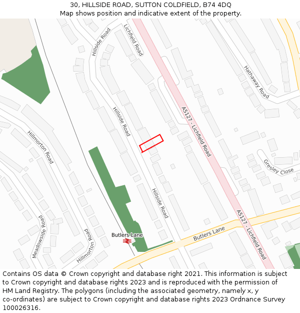 30, HILLSIDE ROAD, SUTTON COLDFIELD, B74 4DQ: Location map and indicative extent of plot