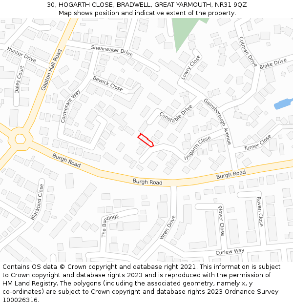 30, HOGARTH CLOSE, BRADWELL, GREAT YARMOUTH, NR31 9QZ: Location map and indicative extent of plot