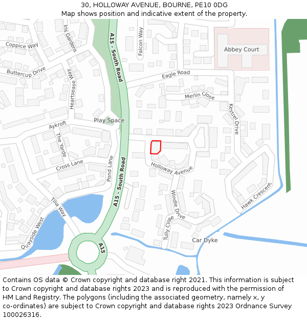 30, HOLLOWAY AVENUE, BOURNE, PE10 0DG: Location map and indicative extent of plot