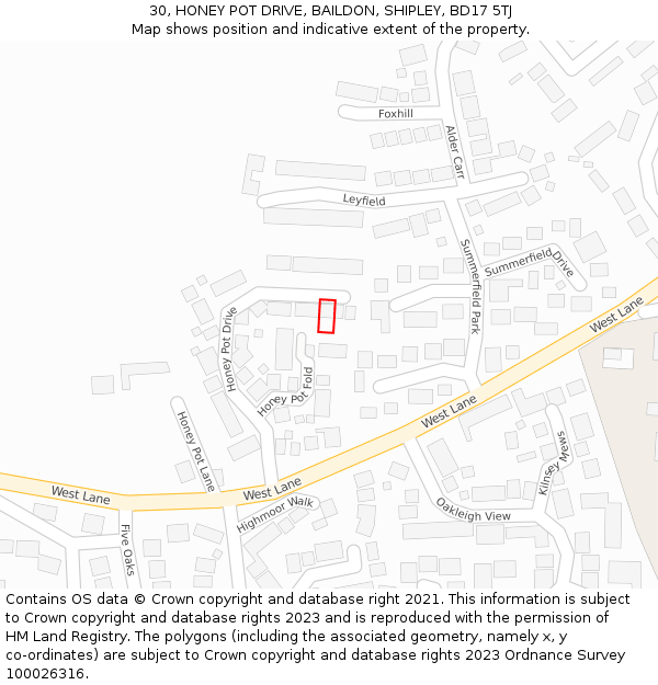 30, HONEY POT DRIVE, BAILDON, SHIPLEY, BD17 5TJ: Location map and indicative extent of plot