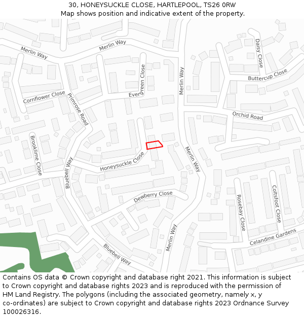 30, HONEYSUCKLE CLOSE, HARTLEPOOL, TS26 0RW: Location map and indicative extent of plot