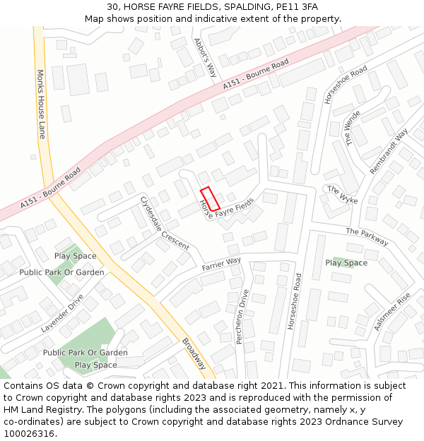 30, HORSE FAYRE FIELDS, SPALDING, PE11 3FA: Location map and indicative extent of plot