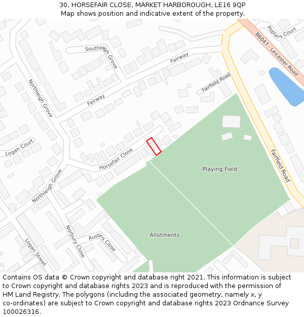 30, HORSEFAIR CLOSE, MARKET HARBOROUGH, LE16 9QP: Location map and indicative extent of plot