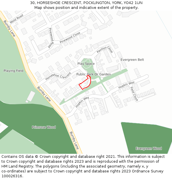 30, HORSESHOE CRESCENT, POCKLINGTON, YORK, YO42 1UN: Location map and indicative extent of plot