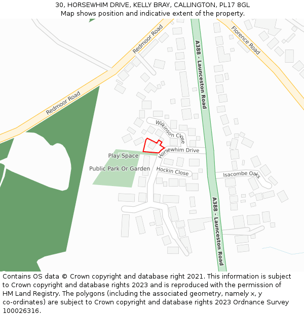 30, HORSEWHIM DRIVE, KELLY BRAY, CALLINGTON, PL17 8GL: Location map and indicative extent of plot