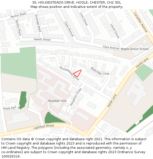 30, HOUSESTEADS DRIVE, HOOLE, CHESTER, CH2 3DL: Location map and indicative extent of plot