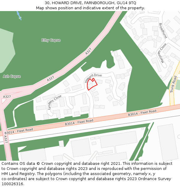 30, HOWARD DRIVE, FARNBOROUGH, GU14 9TQ: Location map and indicative extent of plot