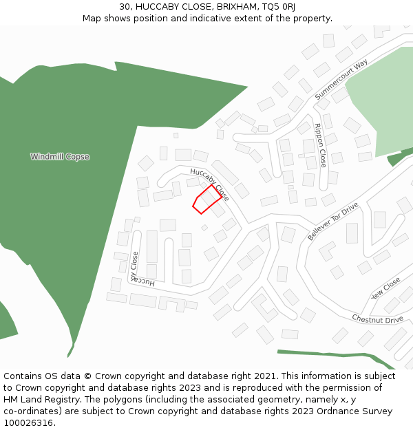 30, HUCCABY CLOSE, BRIXHAM, TQ5 0RJ: Location map and indicative extent of plot