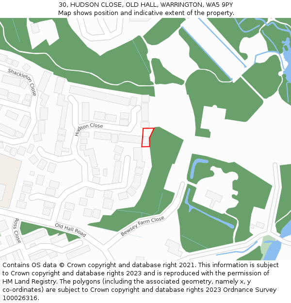 30, HUDSON CLOSE, OLD HALL, WARRINGTON, WA5 9PY: Location map and indicative extent of plot