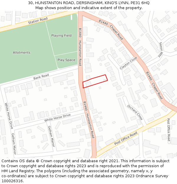 30, HUNSTANTON ROAD, DERSINGHAM, KING'S LYNN, PE31 6HQ: Location map and indicative extent of plot