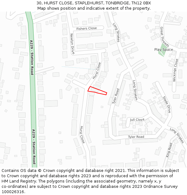 30, HURST CLOSE, STAPLEHURST, TONBRIDGE, TN12 0BX: Location map and indicative extent of plot