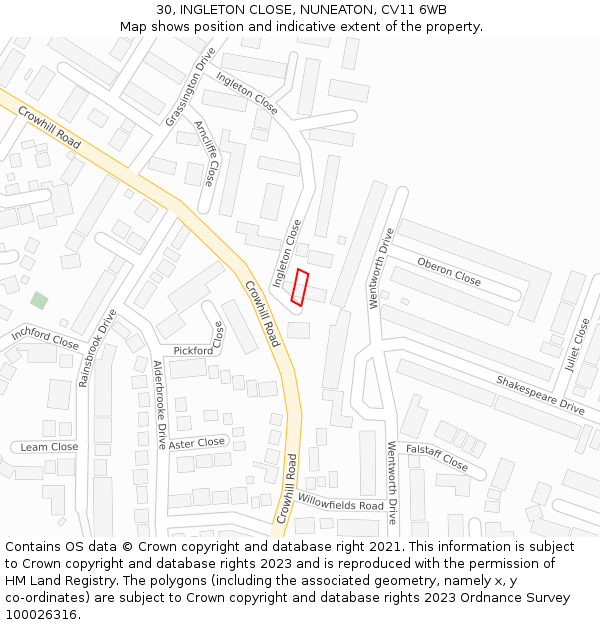 30, INGLETON CLOSE, NUNEATON, CV11 6WB: Location map and indicative extent of plot
