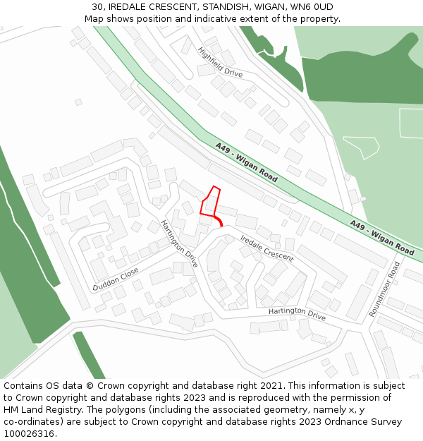 30, IREDALE CRESCENT, STANDISH, WIGAN, WN6 0UD: Location map and indicative extent of plot