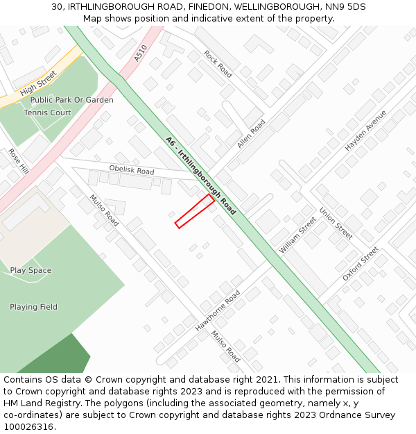 30, IRTHLINGBOROUGH ROAD, FINEDON, WELLINGBOROUGH, NN9 5DS: Location map and indicative extent of plot