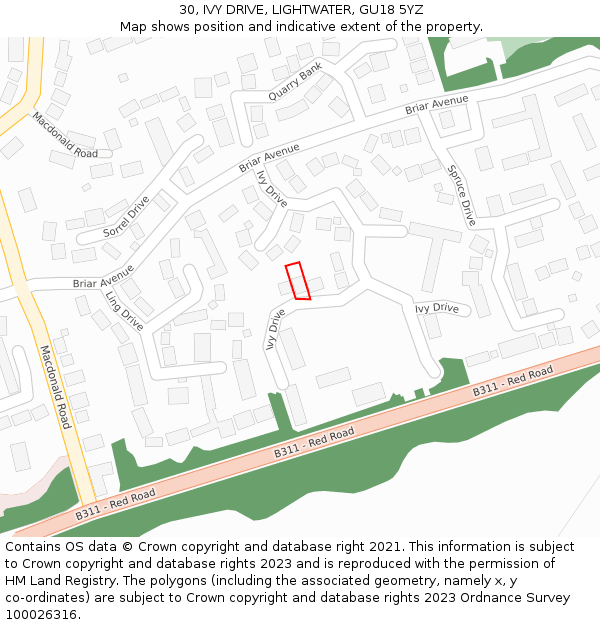 30, IVY DRIVE, LIGHTWATER, GU18 5YZ: Location map and indicative extent of plot