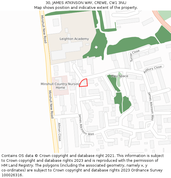 30, JAMES ATKINSON WAY, CREWE, CW1 3NU: Location map and indicative extent of plot