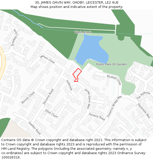30, JAMES GAVIN WAY, OADBY, LEICESTER, LE2 4UE: Location map and indicative extent of plot