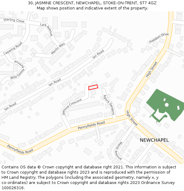 30, JASMINE CRESCENT, NEWCHAPEL, STOKE-ON-TRENT, ST7 4GZ: Location map and indicative extent of plot