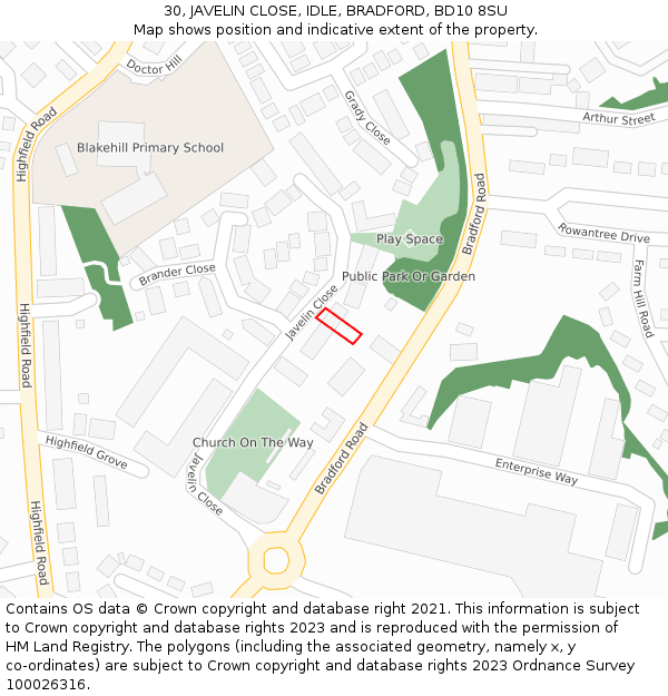 30, JAVELIN CLOSE, IDLE, BRADFORD, BD10 8SU: Location map and indicative extent of plot