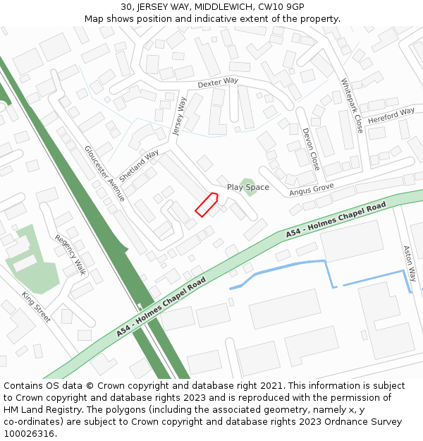 30, JERSEY WAY, MIDDLEWICH, CW10 9GP: Location map and indicative extent of plot