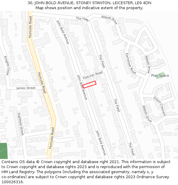 30, JOHN BOLD AVENUE, STONEY STANTON, LEICESTER, LE9 4DN: Location map and indicative extent of plot