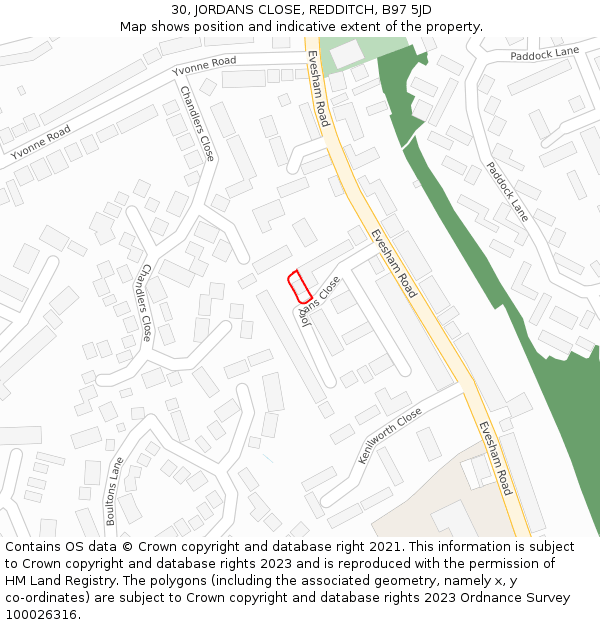 30, JORDANS CLOSE, REDDITCH, B97 5JD: Location map and indicative extent of plot