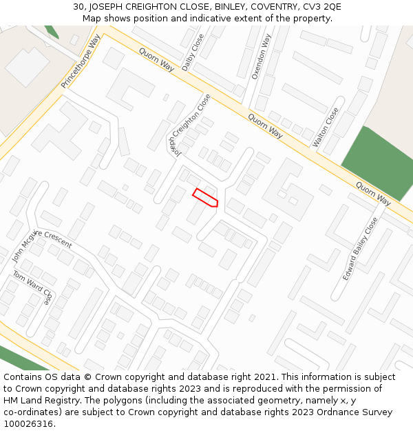 30, JOSEPH CREIGHTON CLOSE, BINLEY, COVENTRY, CV3 2QE: Location map and indicative extent of plot