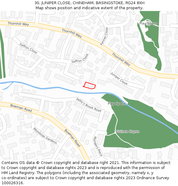 30, JUNIPER CLOSE, CHINEHAM, BASINGSTOKE, RG24 8XH: Location map and indicative extent of plot