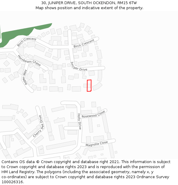 30, JUNIPER DRIVE, SOUTH OCKENDON, RM15 6TW: Location map and indicative extent of plot