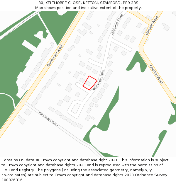 30, KELTHORPE CLOSE, KETTON, STAMFORD, PE9 3RS: Location map and indicative extent of plot