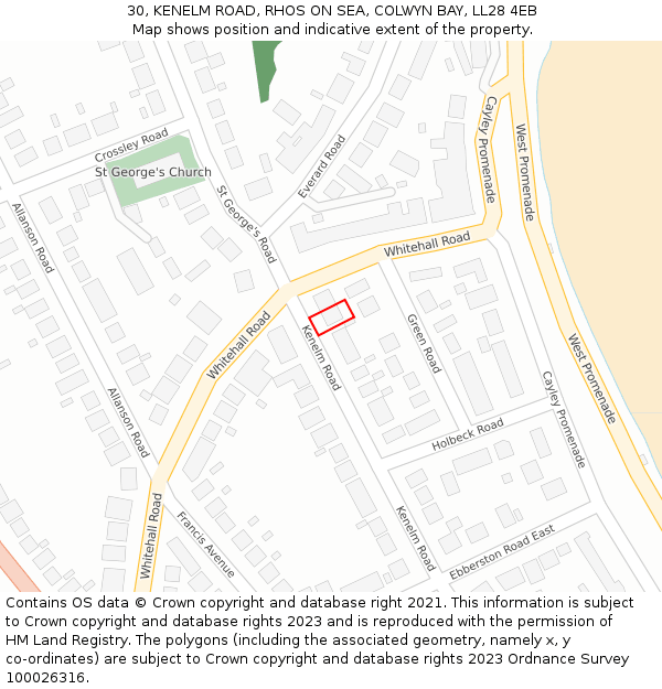 30, KENELM ROAD, RHOS ON SEA, COLWYN BAY, LL28 4EB: Location map and indicative extent of plot