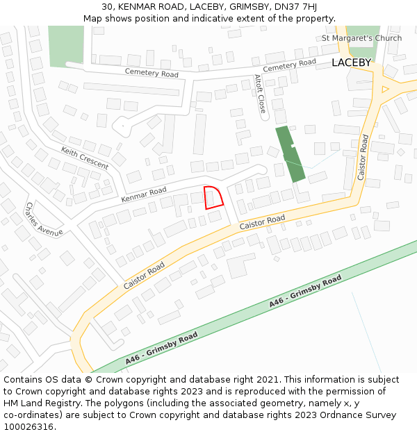 30, KENMAR ROAD, LACEBY, GRIMSBY, DN37 7HJ: Location map and indicative extent of plot