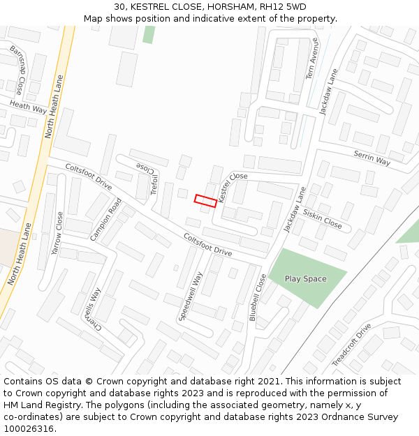 30, KESTREL CLOSE, HORSHAM, RH12 5WD: Location map and indicative extent of plot