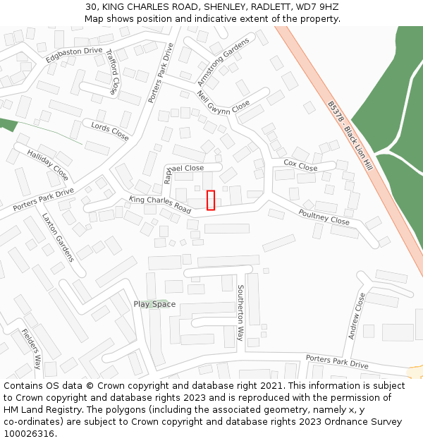 30, KING CHARLES ROAD, SHENLEY, RADLETT, WD7 9HZ: Location map and indicative extent of plot