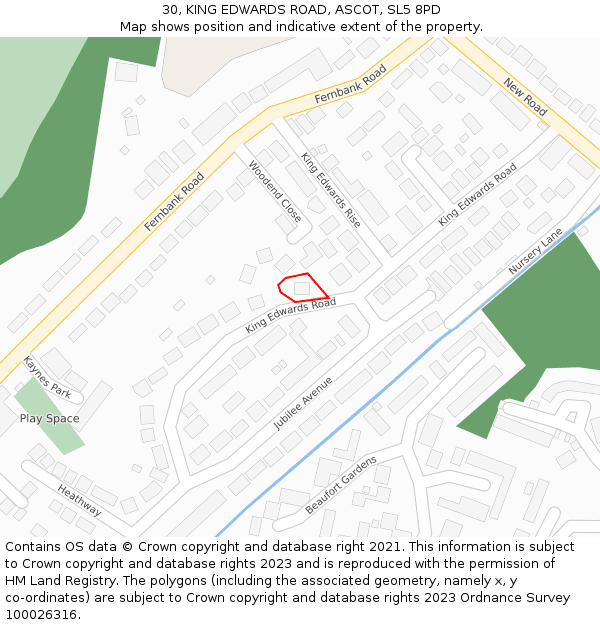 30, KING EDWARDS ROAD, ASCOT, SL5 8PD: Location map and indicative extent of plot