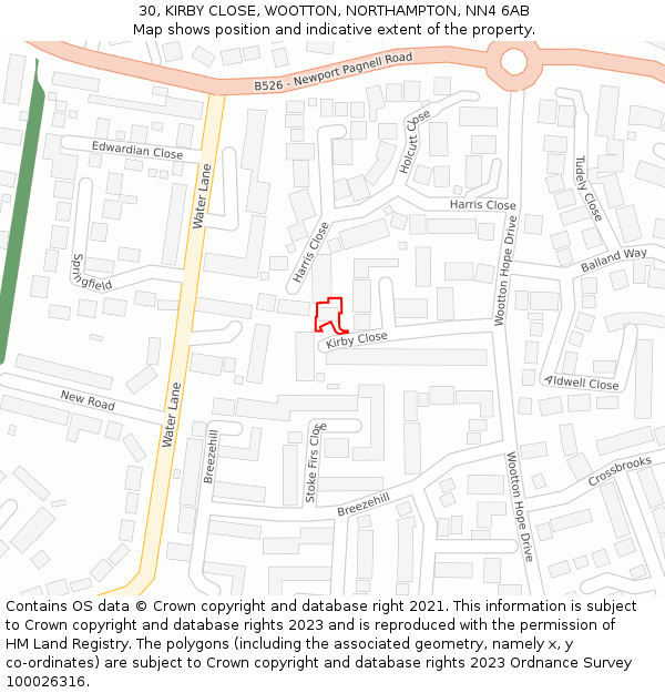 30, KIRBY CLOSE, WOOTTON, NORTHAMPTON, NN4 6AB: Location map and indicative extent of plot