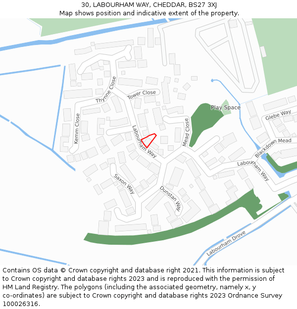 30, LABOURHAM WAY, CHEDDAR, BS27 3XJ: Location map and indicative extent of plot